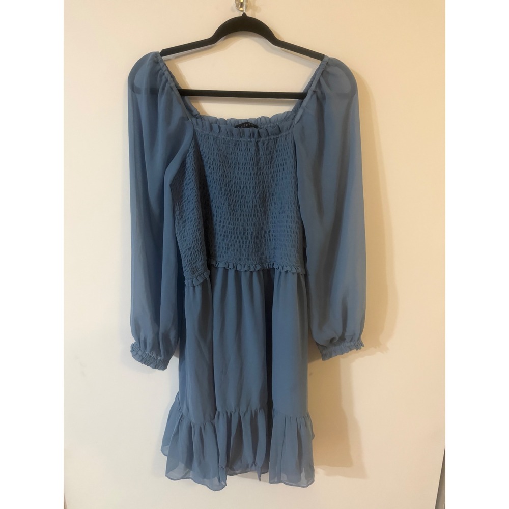 1.STATE Smocked Mini Dress Porcelain Blue Long Sleeve Chiffon 1X 82115706A2